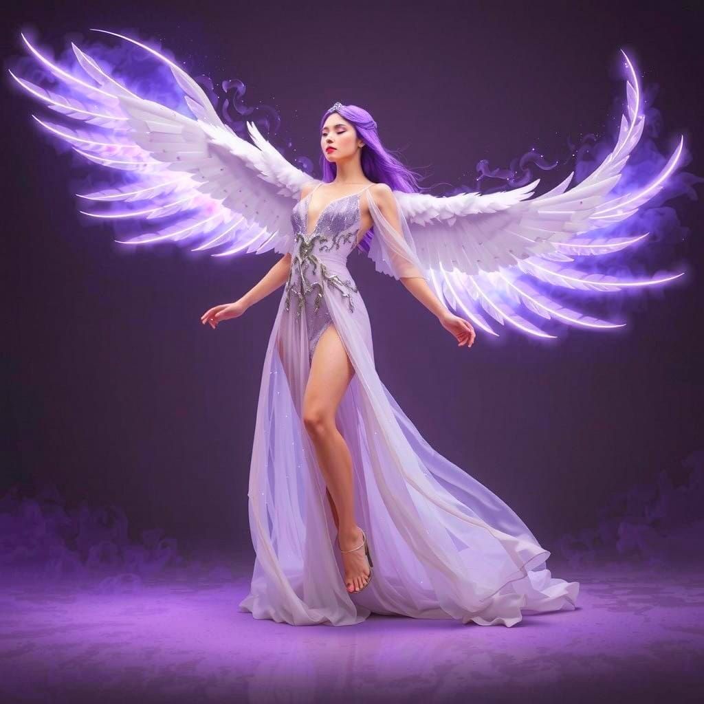 Woman Transcends with Angelic Wings in Ethereal Glow