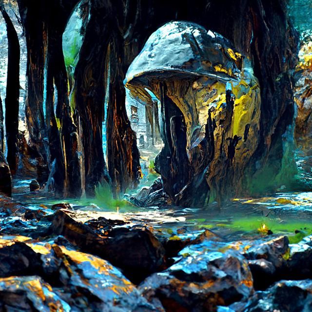 Cave Entrance in Cosmic Cyberpunk Oil Painting