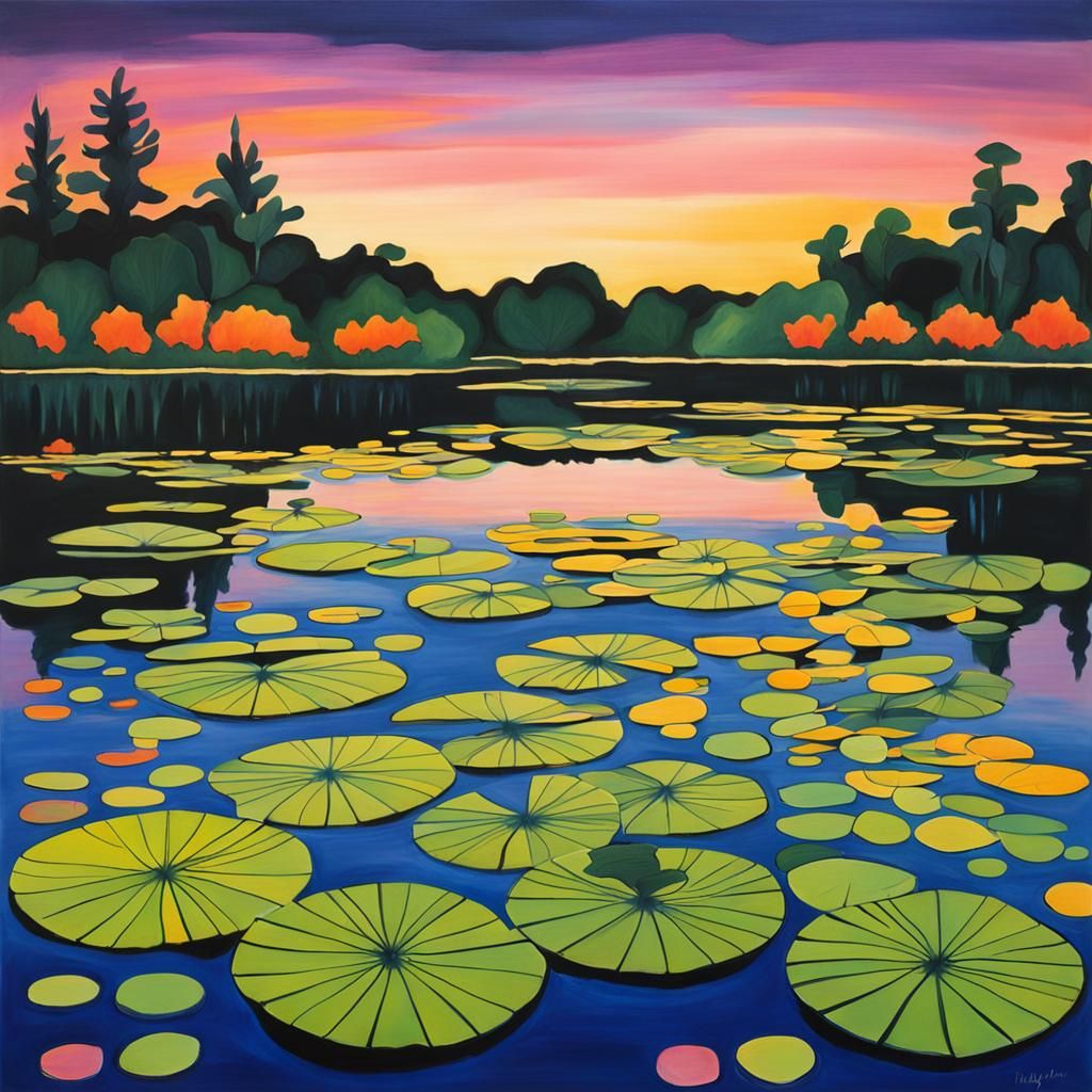 Abstract Lily Pads on Pond at Dawn