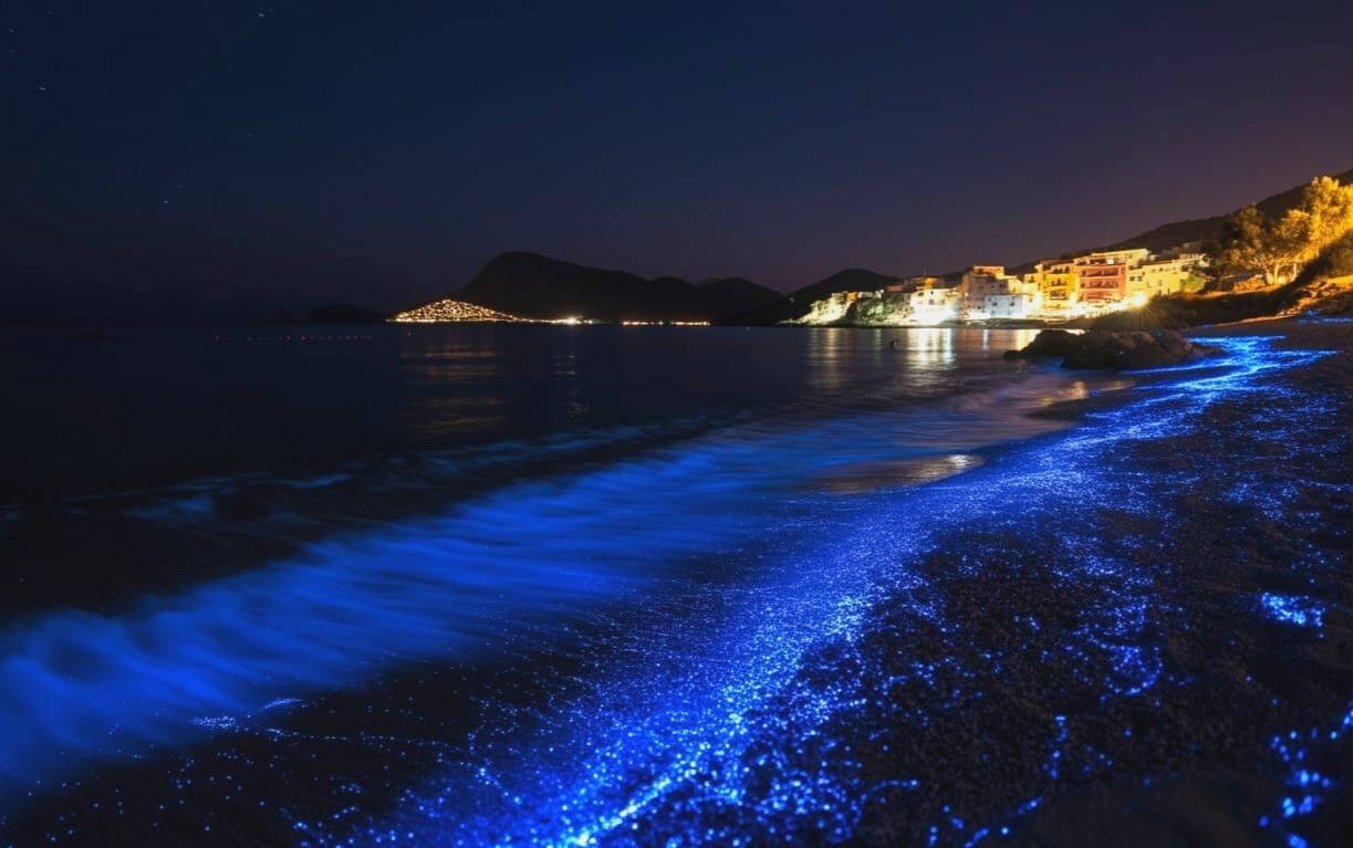 Bioluminescence on the shore of a Mediterranean isle.