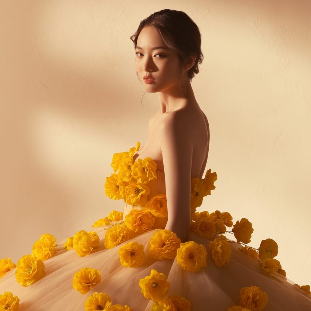 Elegant Evening Portrait in Vibrant Yellow Flowers