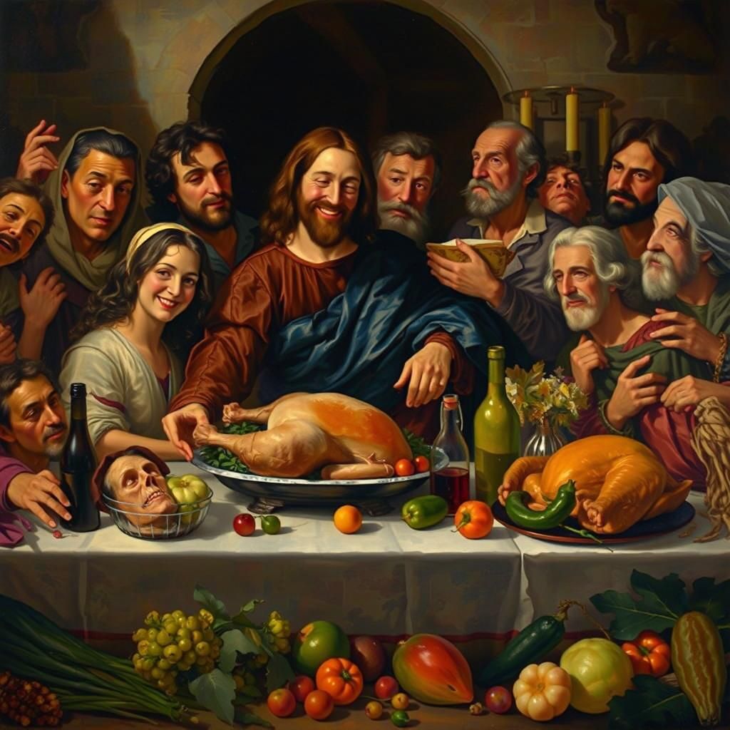 Whimsical Last Supper Thanksgiving in Caravaggio Style