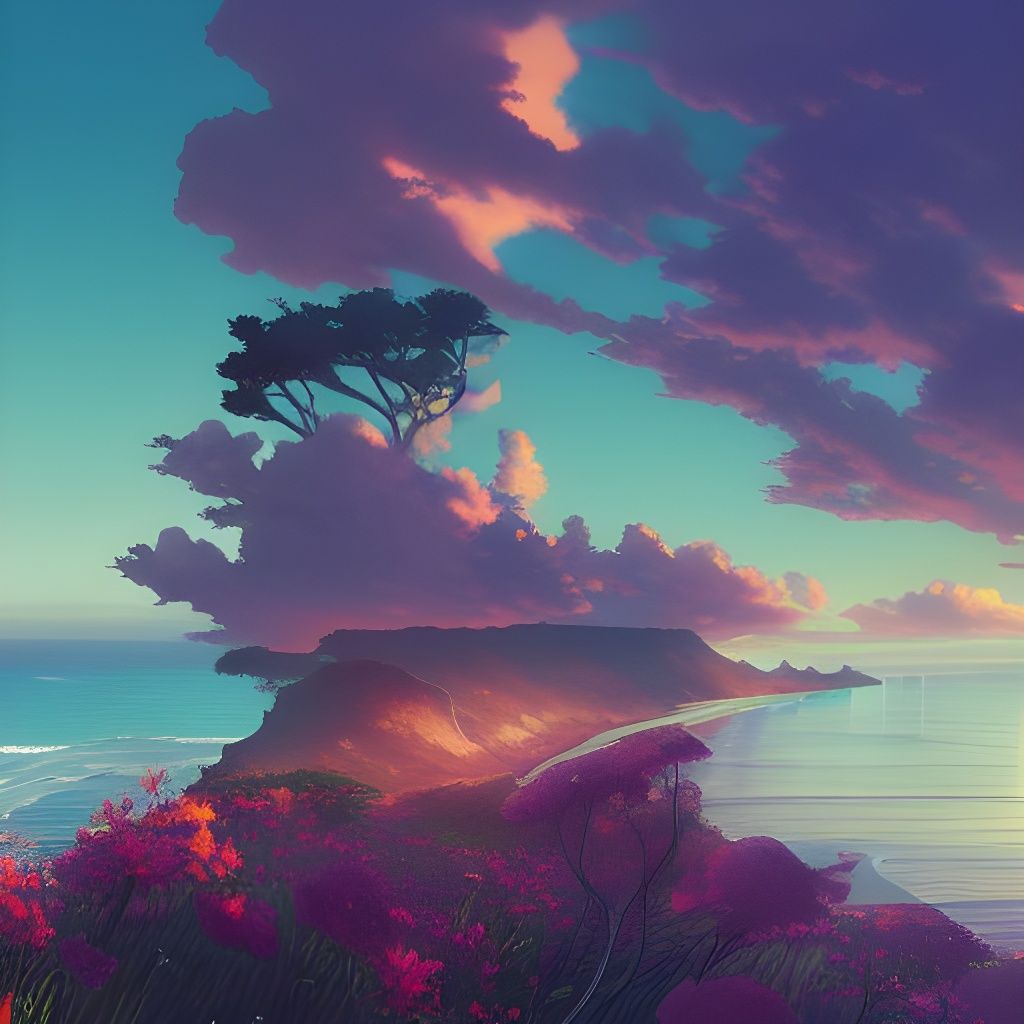 Anime Sunrise Over Tropical Coastline