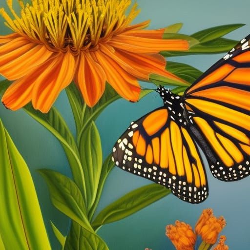 Monarch Butterfly on Milkweed in Hyper-Realistic Oil Paintin...