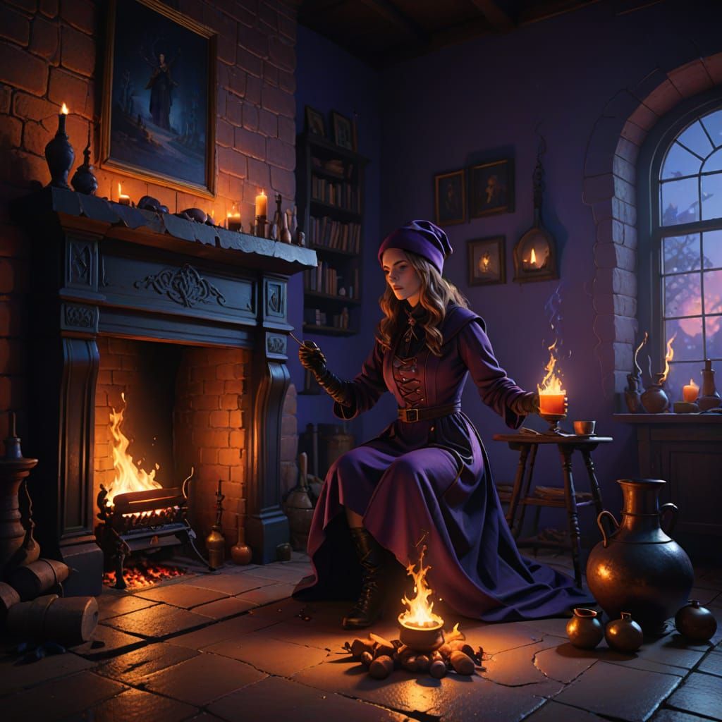 Realistic Fantasy Art of Young Witch by Burning Fireplace
