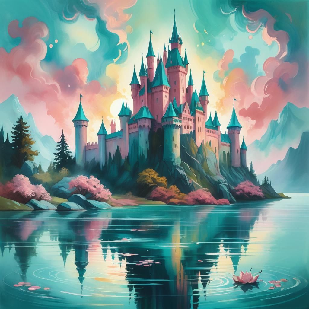 Teal and Rose Castle with Lake Monster, Gouache Painting