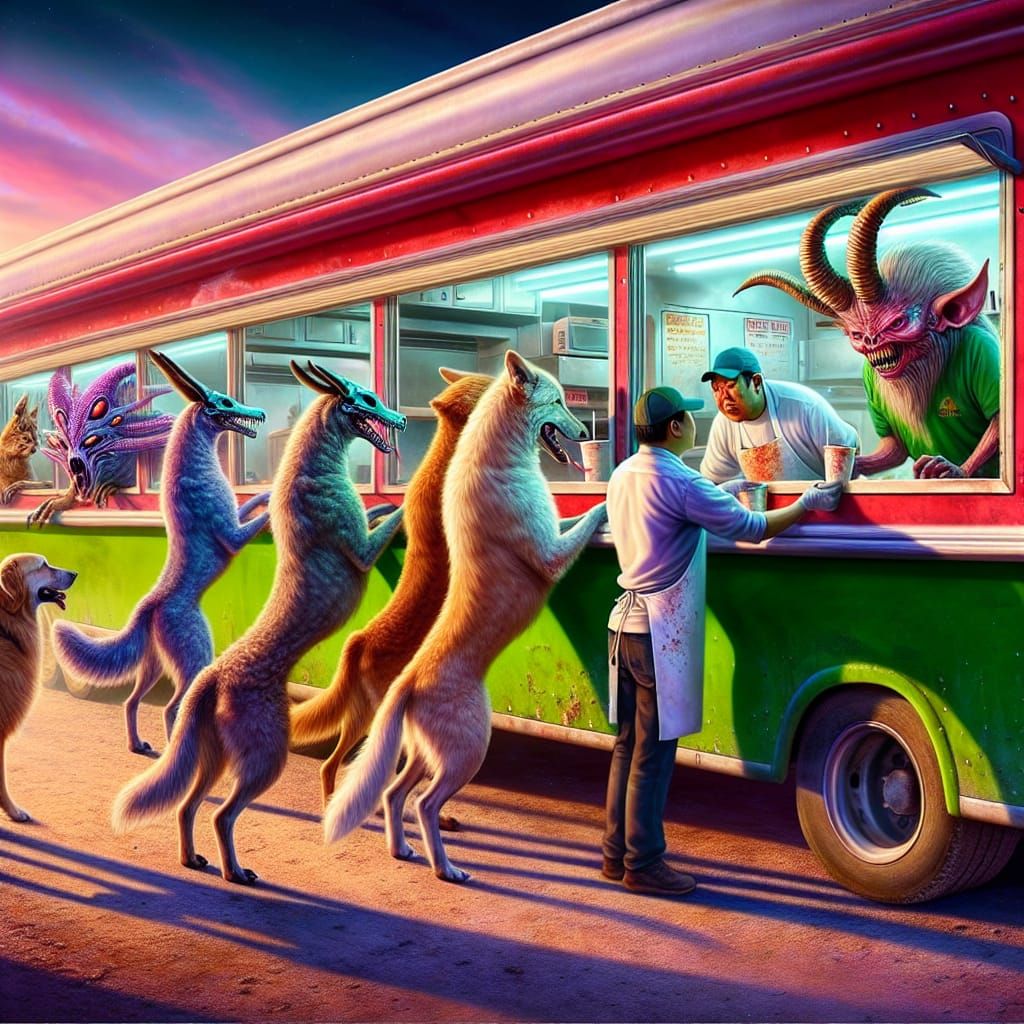 Dogs and Unicorns Order from Taco Truck in a Bustling Scene