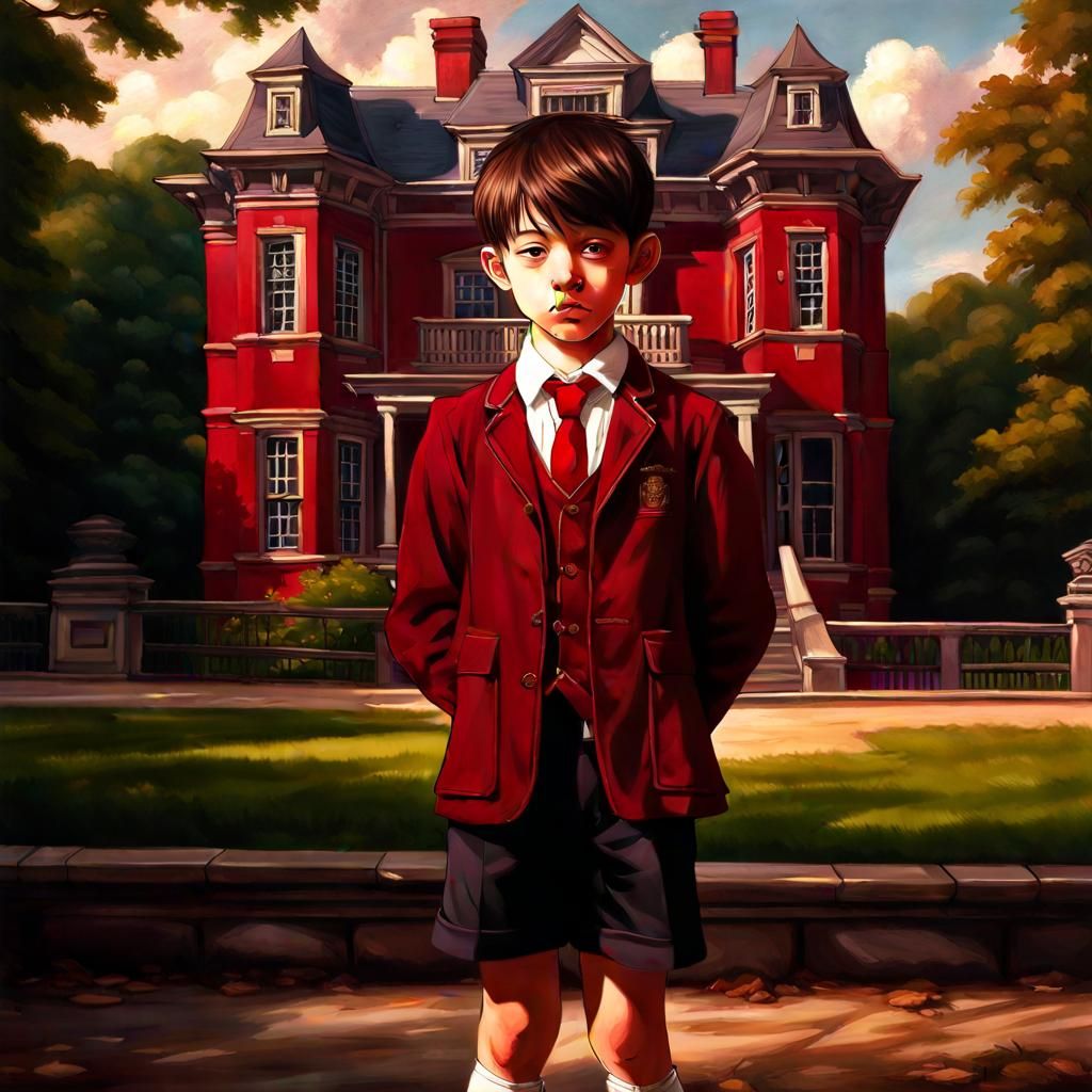 Boy with Mask Before Victorian Mansion: Hyperrealistic Anime