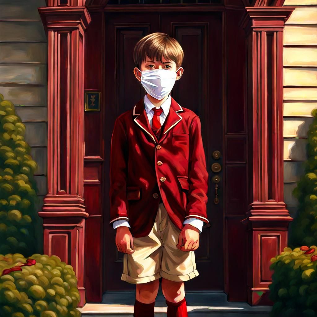 Boy in School Uniform with Sack Mask