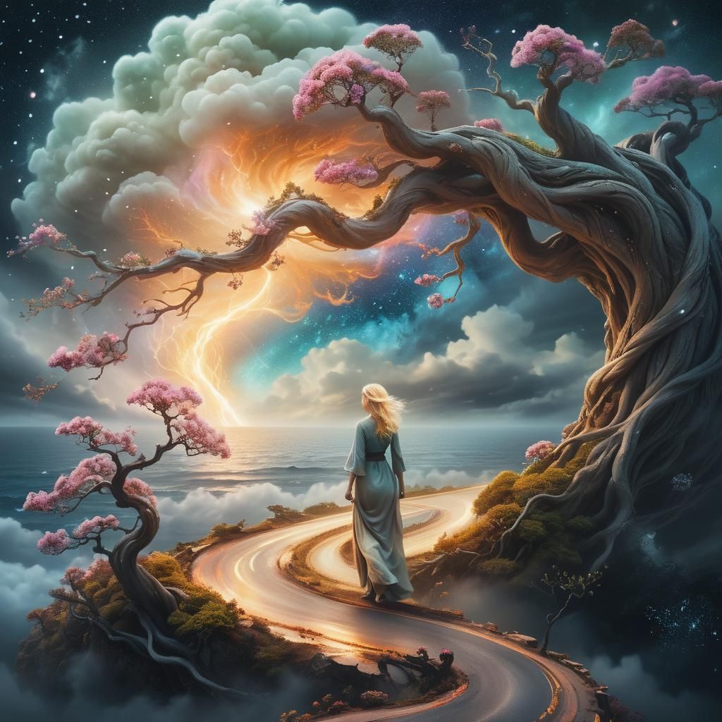 Ethereal Woman Journeying Towards Misty Cloudscape