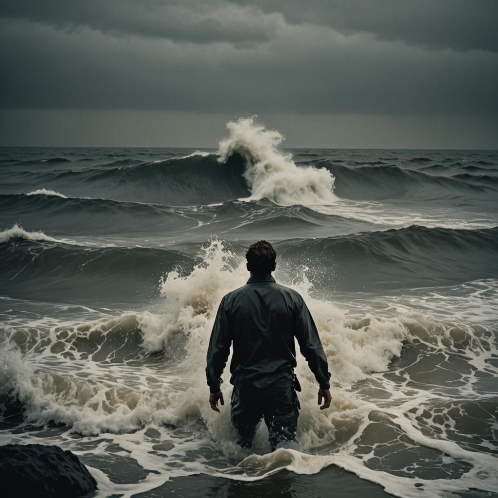 Man Immersed in Violent Sea: Cinematic Film Still
