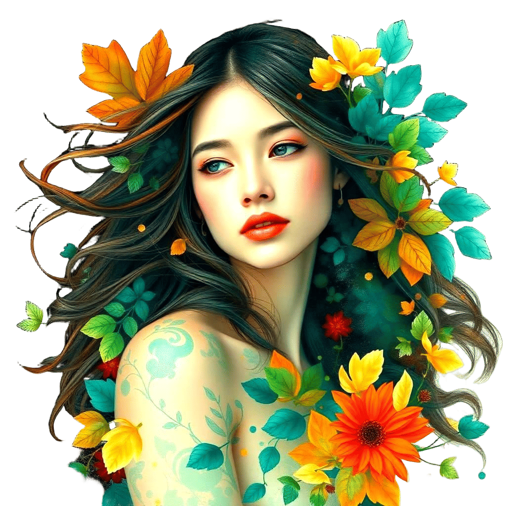 Watercolor Double Exposure Portrait of Young Woman