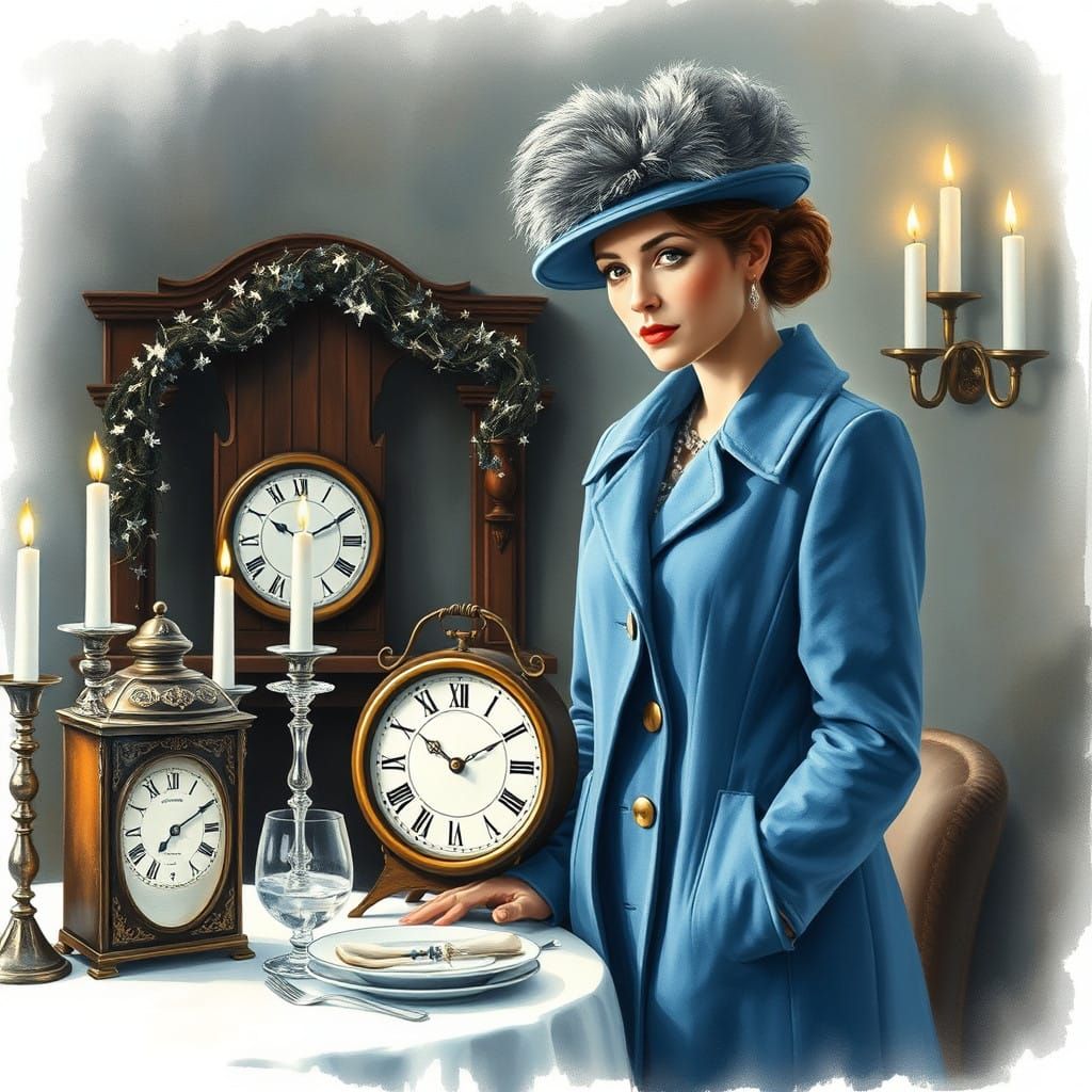 Elegant Woman Celebrates New Year in Soft Blues and Grays