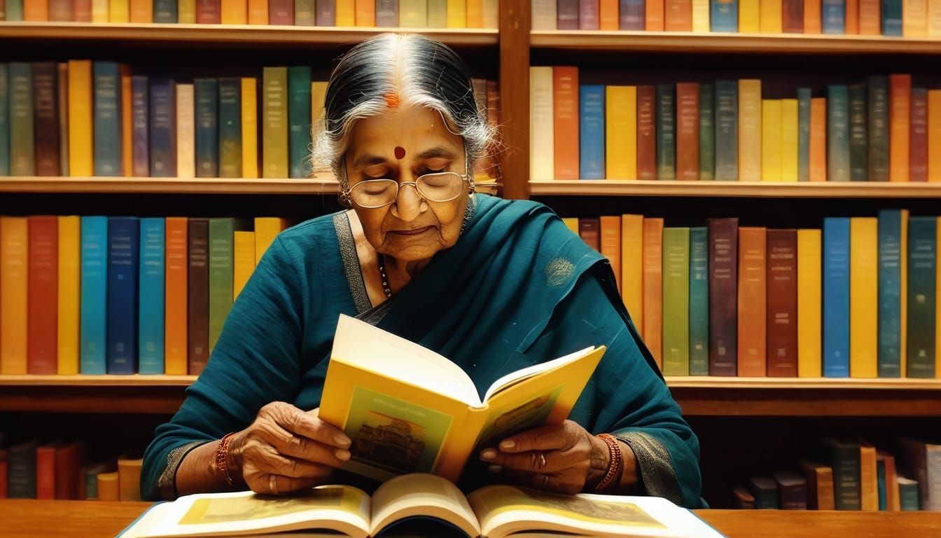 Elderly Indian Lady Reading Novel: Vibrant Oil Painting