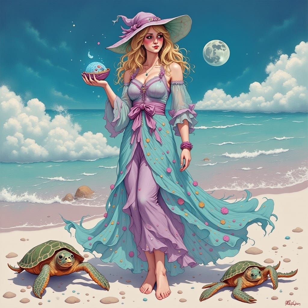 Sea Witch with Glittering Sea Turtle, Digital Art