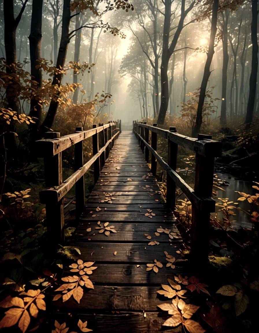 Mystical Autumn Bridge in Misty Forest, 3D Render