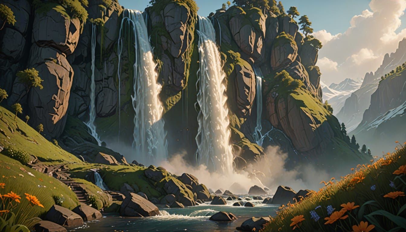 Majestic Waterfall in Hyper-Realistic Concept Art