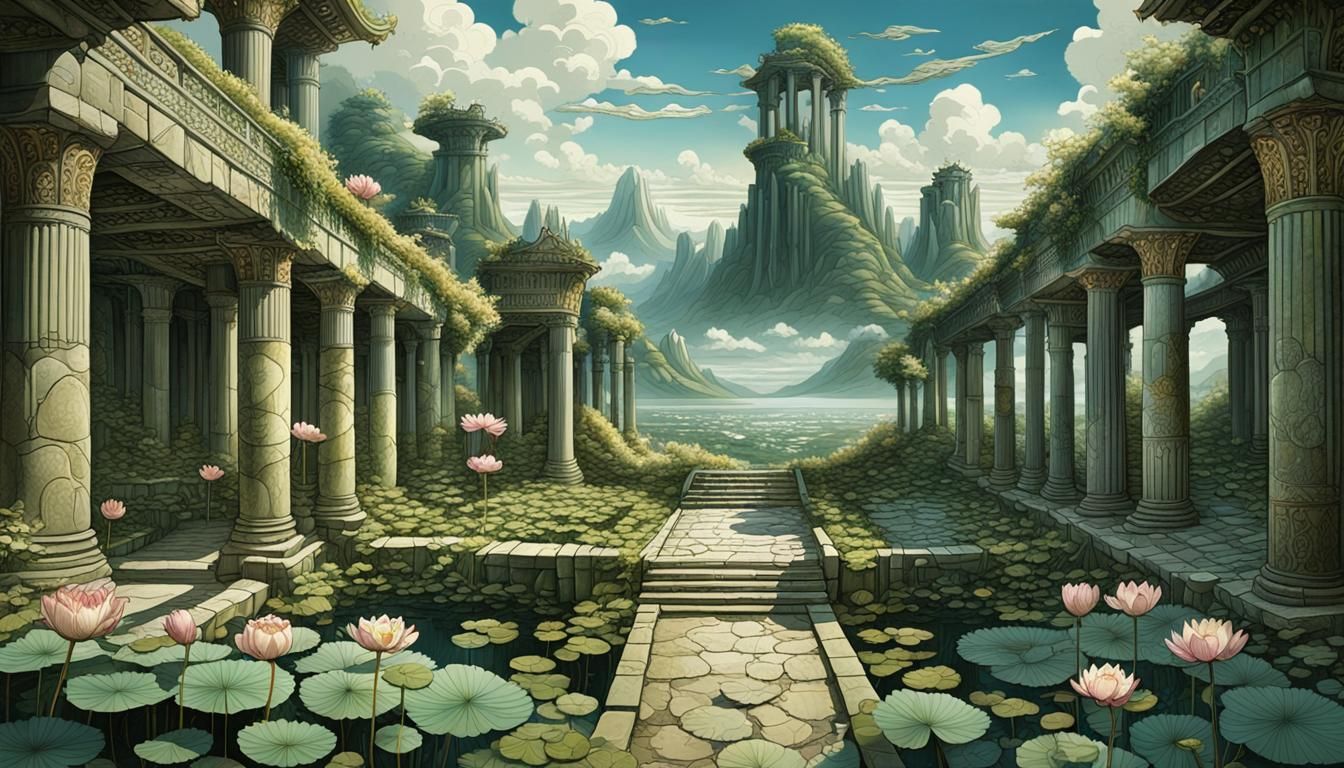 Detailed Ruins with Lotus Flowers in Escher Style