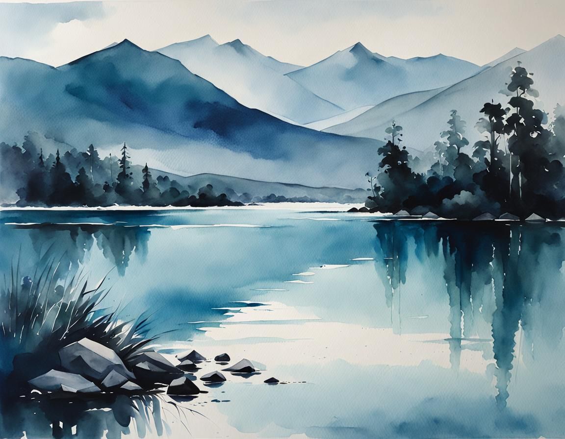 Minimalist Watercolor Lake and Mountain Painting