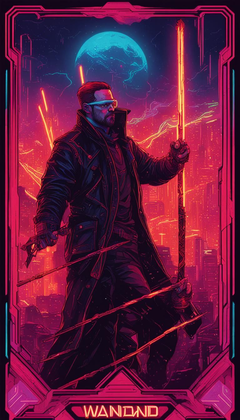 Cyberpunk Tarot Card: Five Figures Fighting