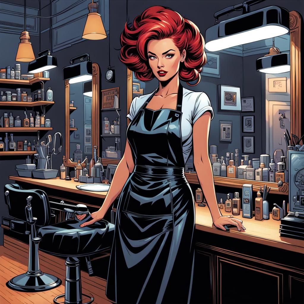 Female Hairdresser in Barbershop, Comic Book Art
