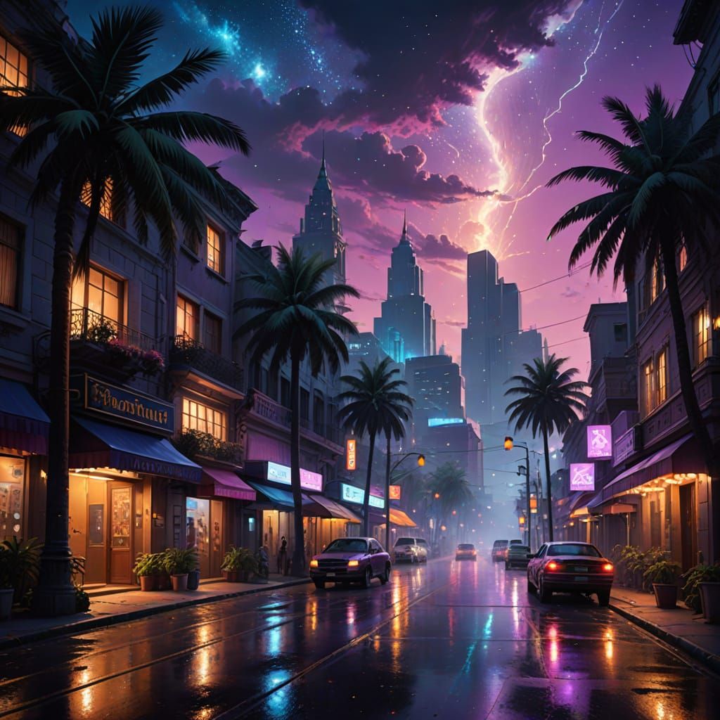 Create a surreal and dreamlike scene of a quiet city street ...