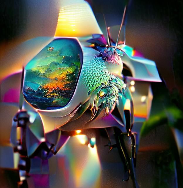 Iridescent Cyborg Bug in Post-Apocalyptic Landscape