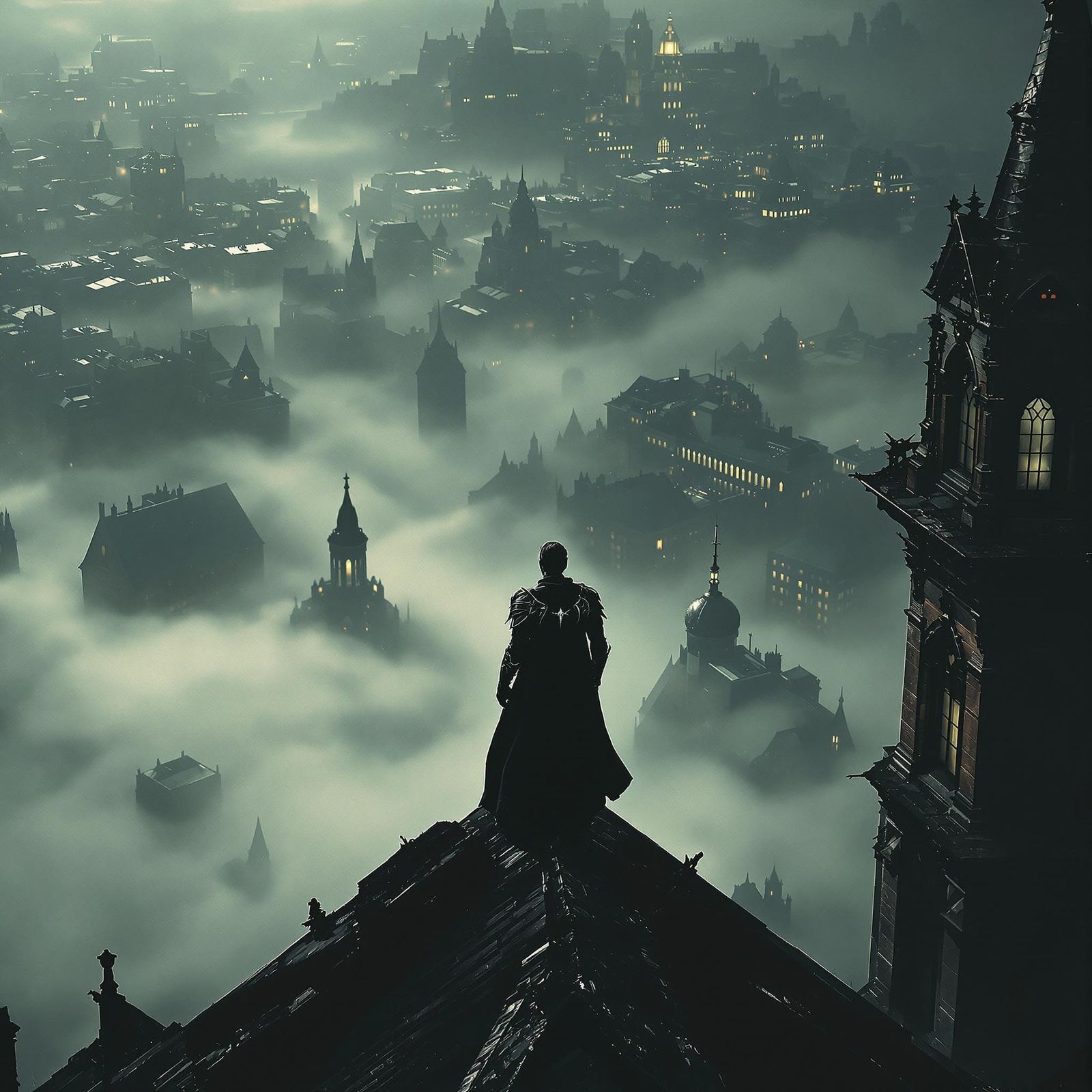 Ethereal Vampire Warrior Amidst Victorian Cityscape