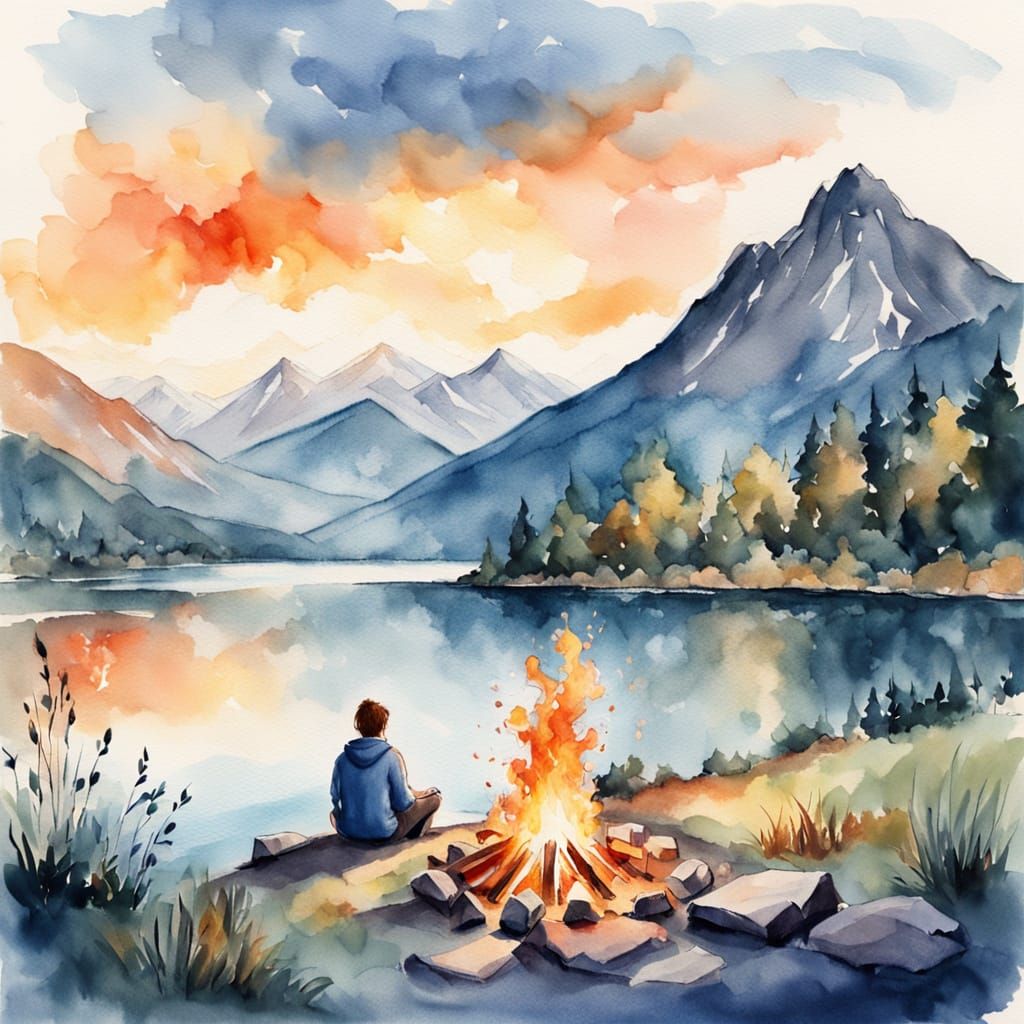 Serene Mountain Lake Bonfire Scene in Watercolor