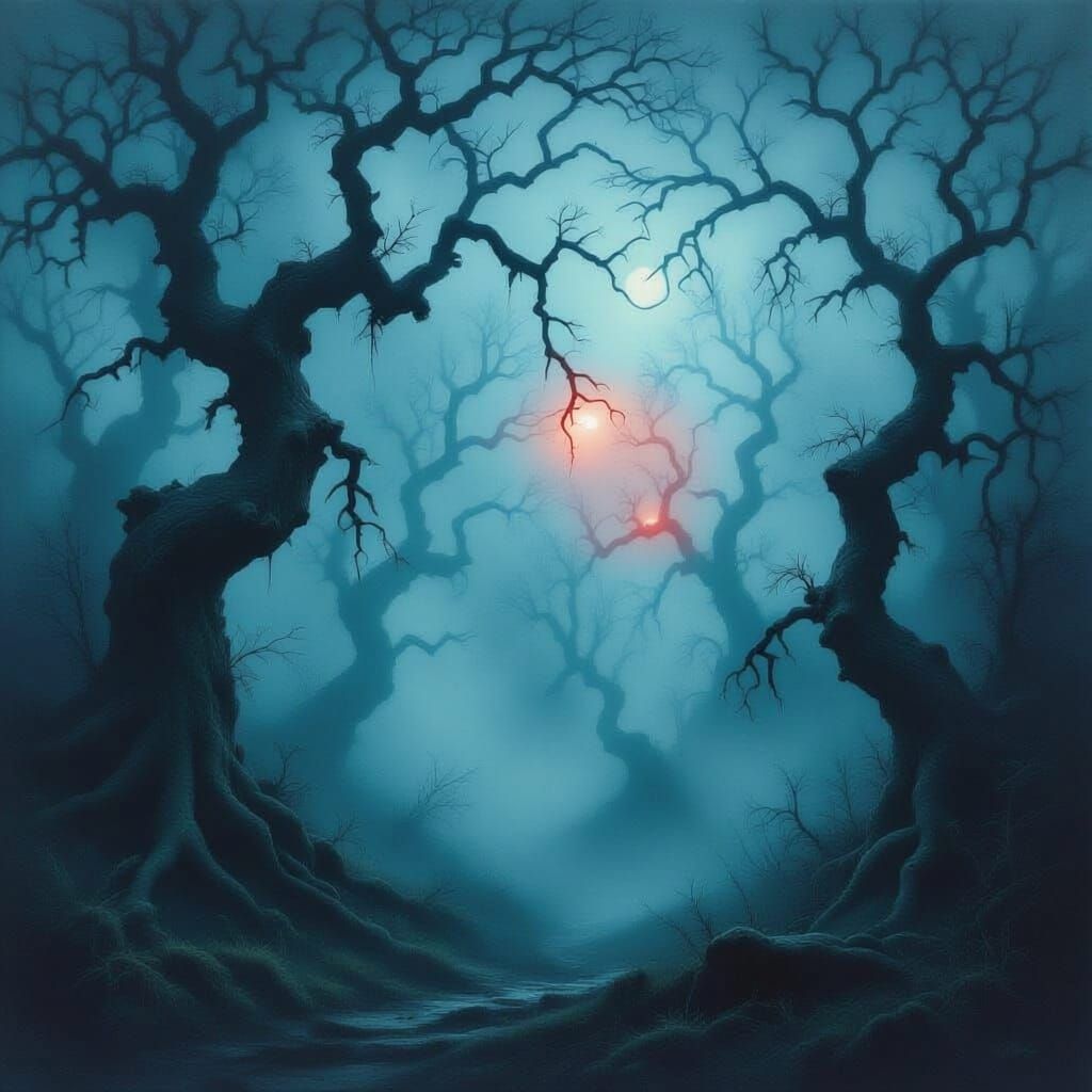 Gothic Forest at Twilight with Will o' the Wisp