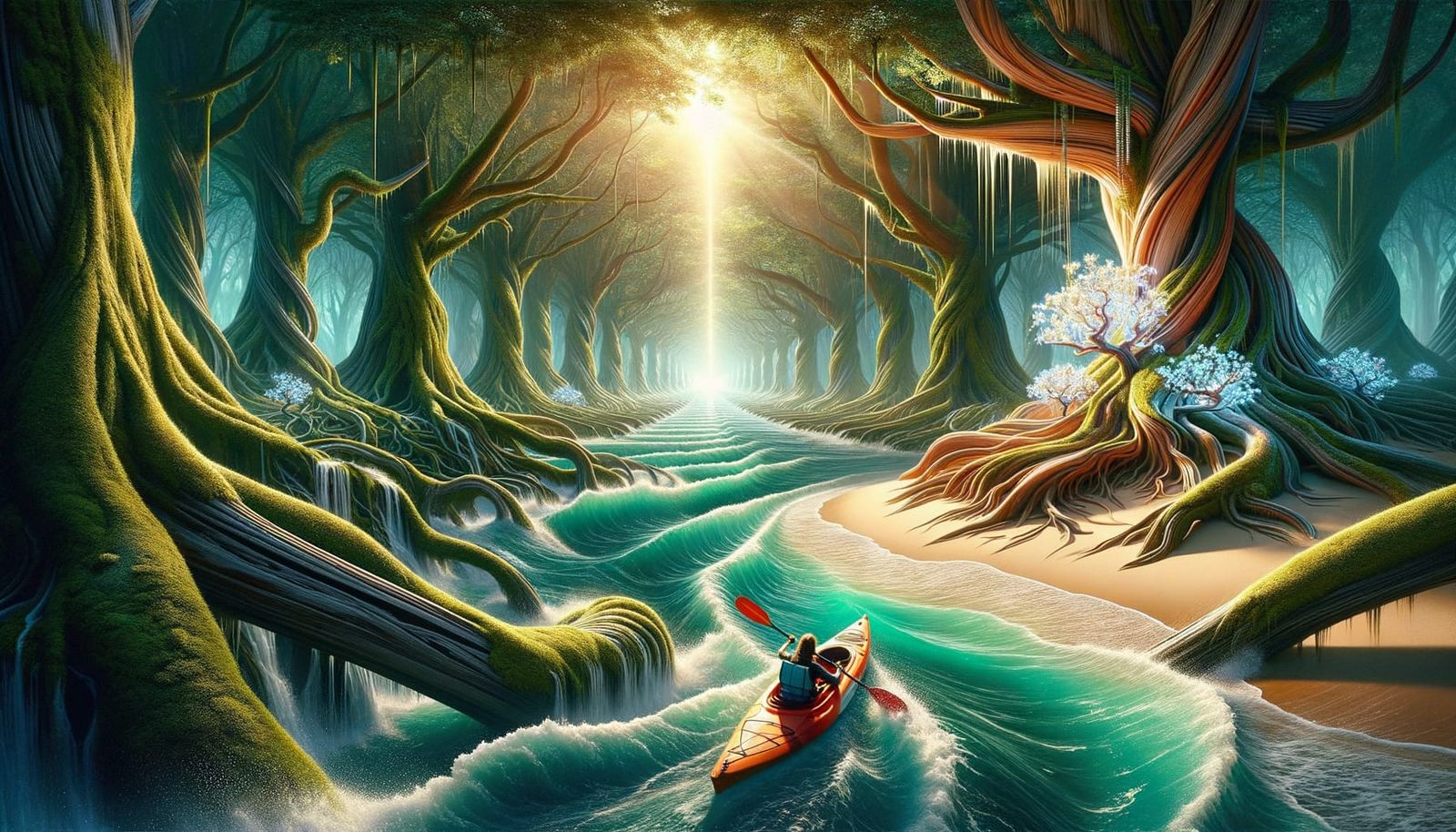 Kayak in Dreamy Whimsical Forest Waterfall Scene