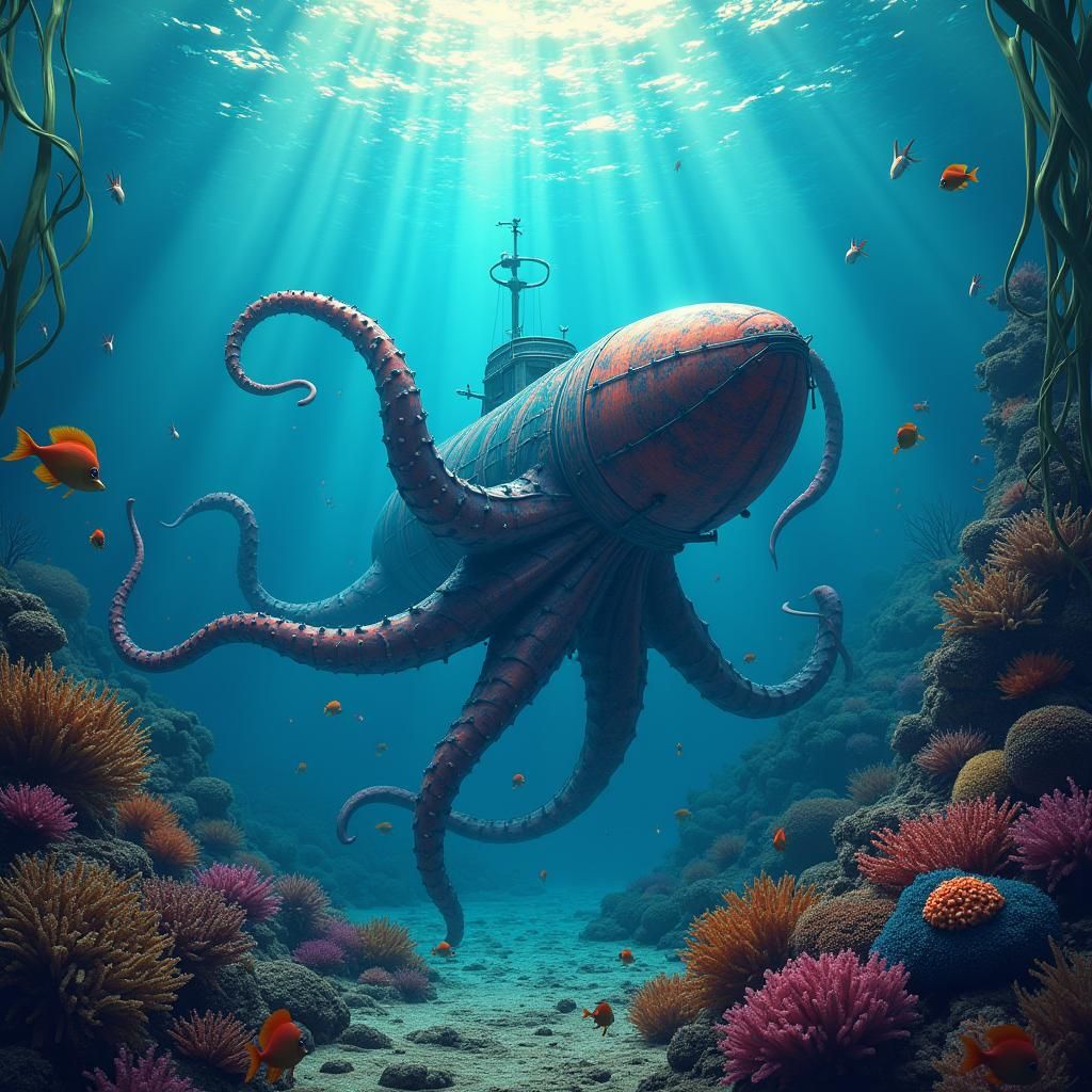 Nautilus and Giant Squid in Bioluminescent Ocean Depths