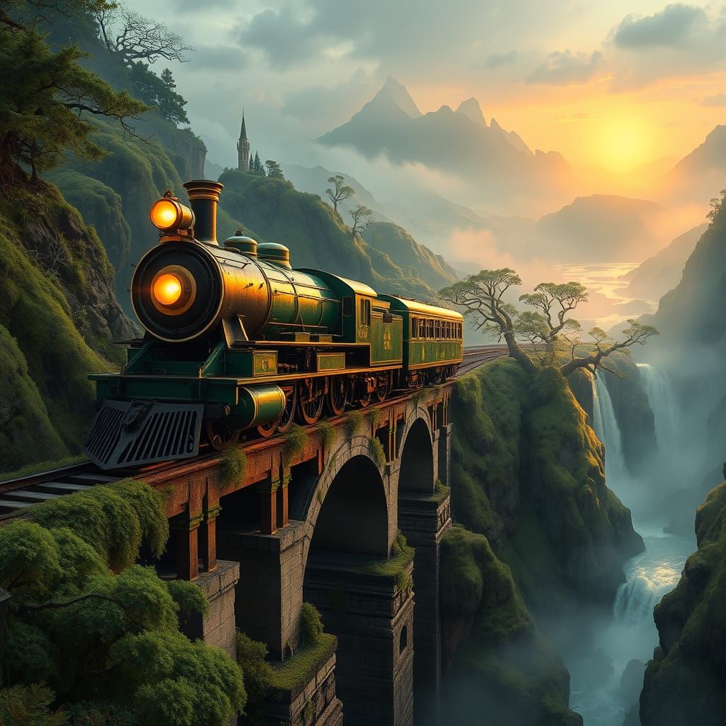 Majestic Steam Engine Train Chugs Over Emerald Bridge