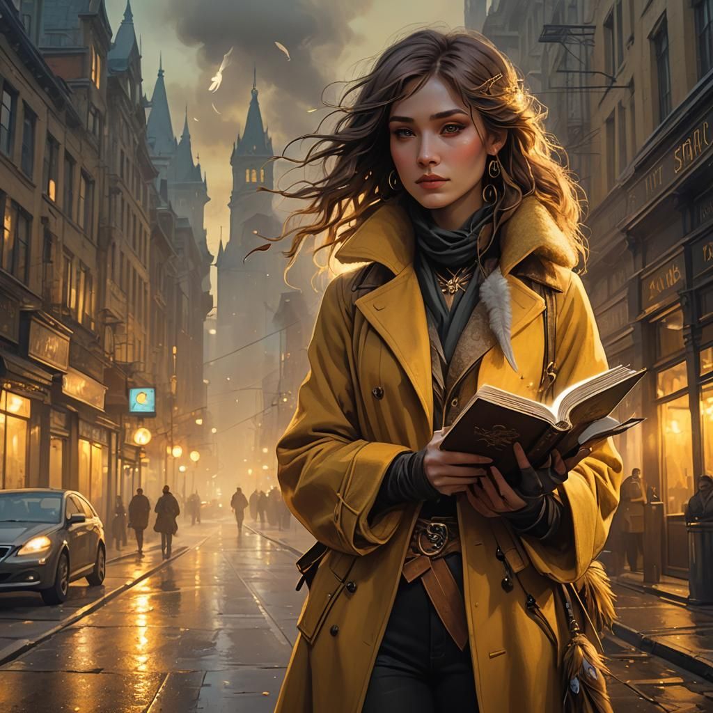 Fantasy Artist in Misty City, Alphonse Mucha Style