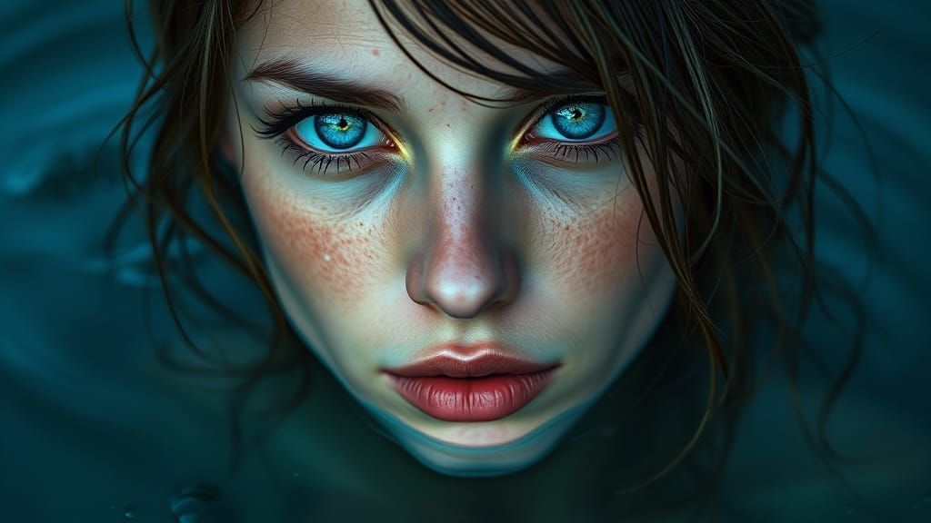 Woman in Cool Blue Tone, Wet and Serene