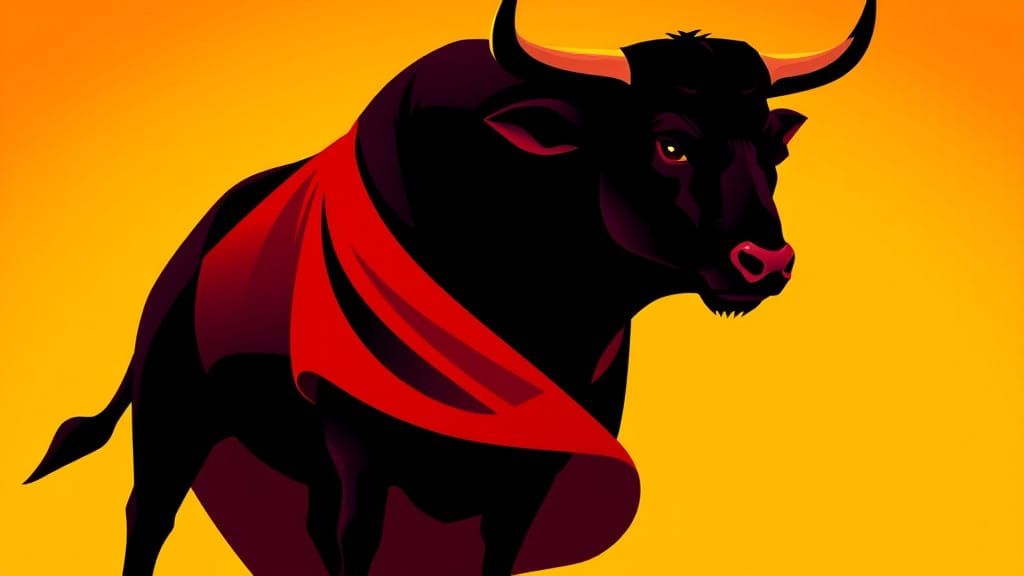Stylized Bull in Dynamic Pose Against Vibrant Yellow-Red Bac...