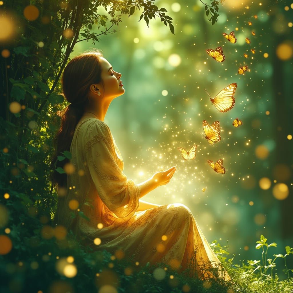 Woman Meditating in Serene Garden with Golden Glow