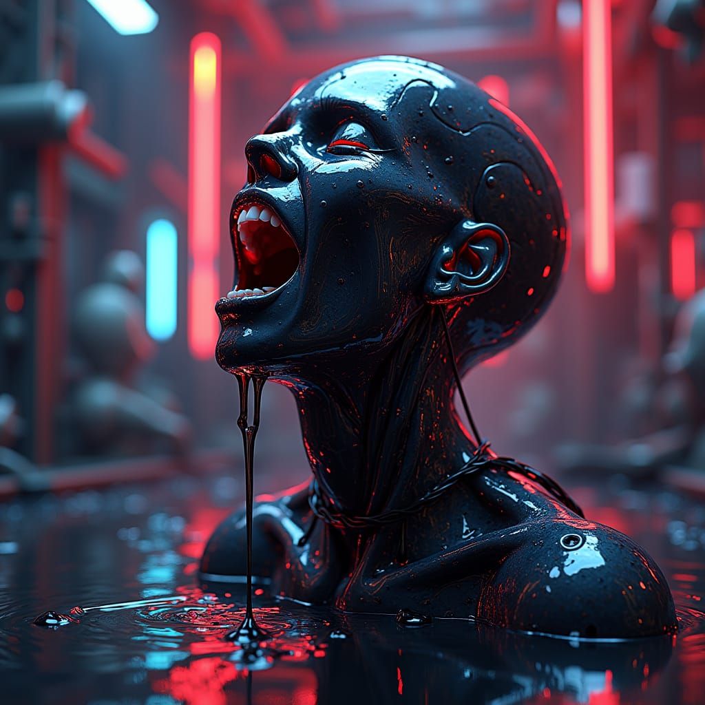 Screaming Neon Crystal Android in Cybernetic Laboratory