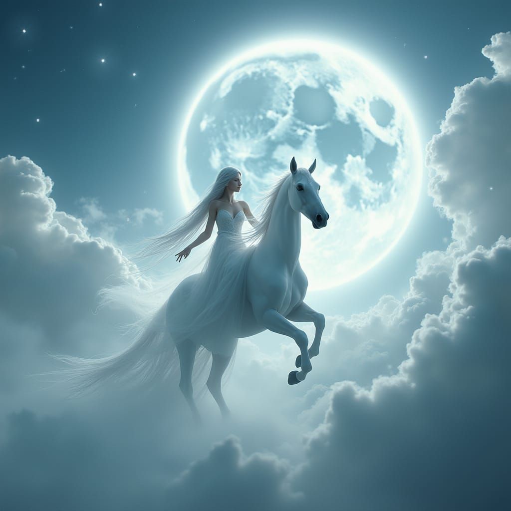 Goddess on Spirit Horse in Dreamlike Starlit Mist