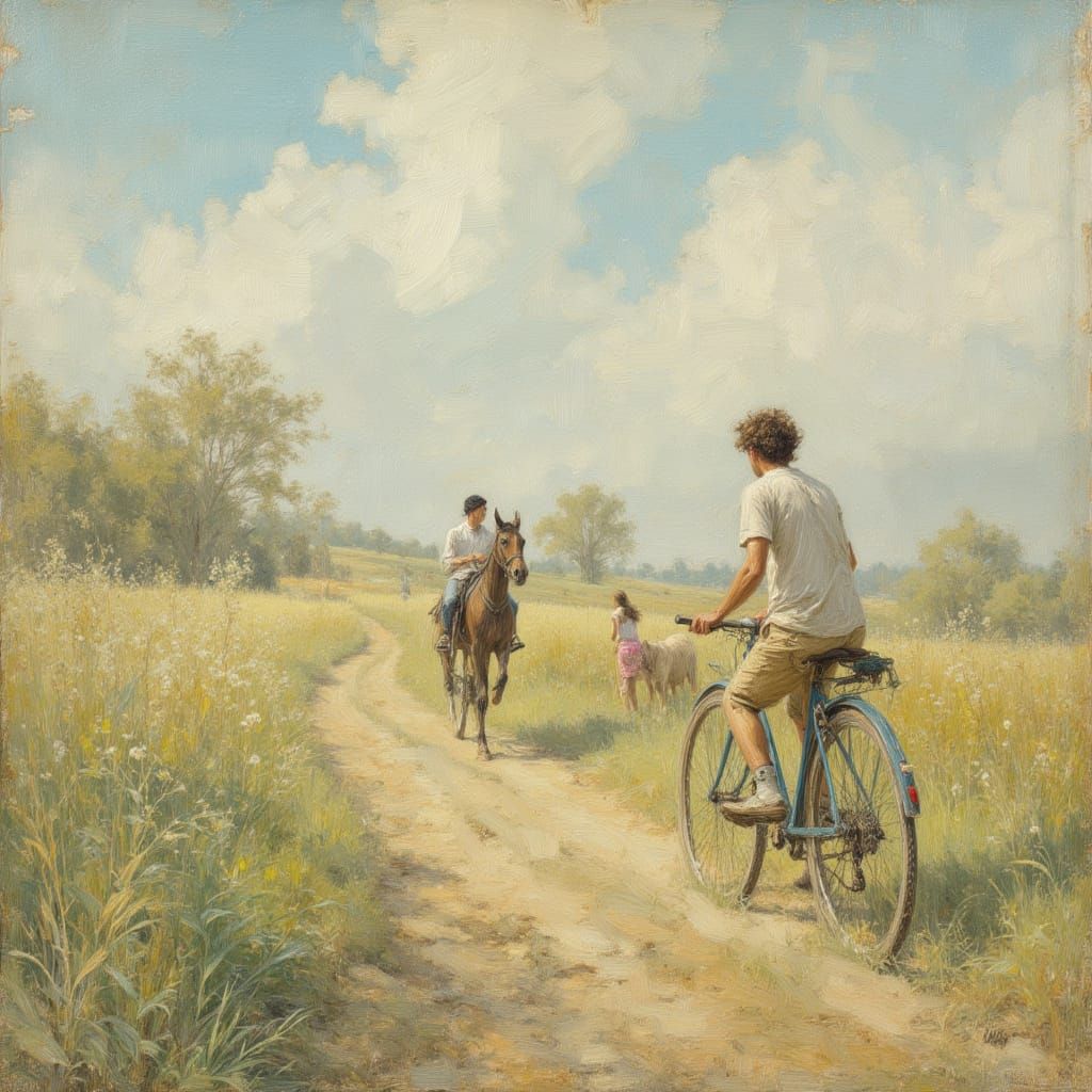 Countryside Bike Ride in Pastel Oil Painting Style