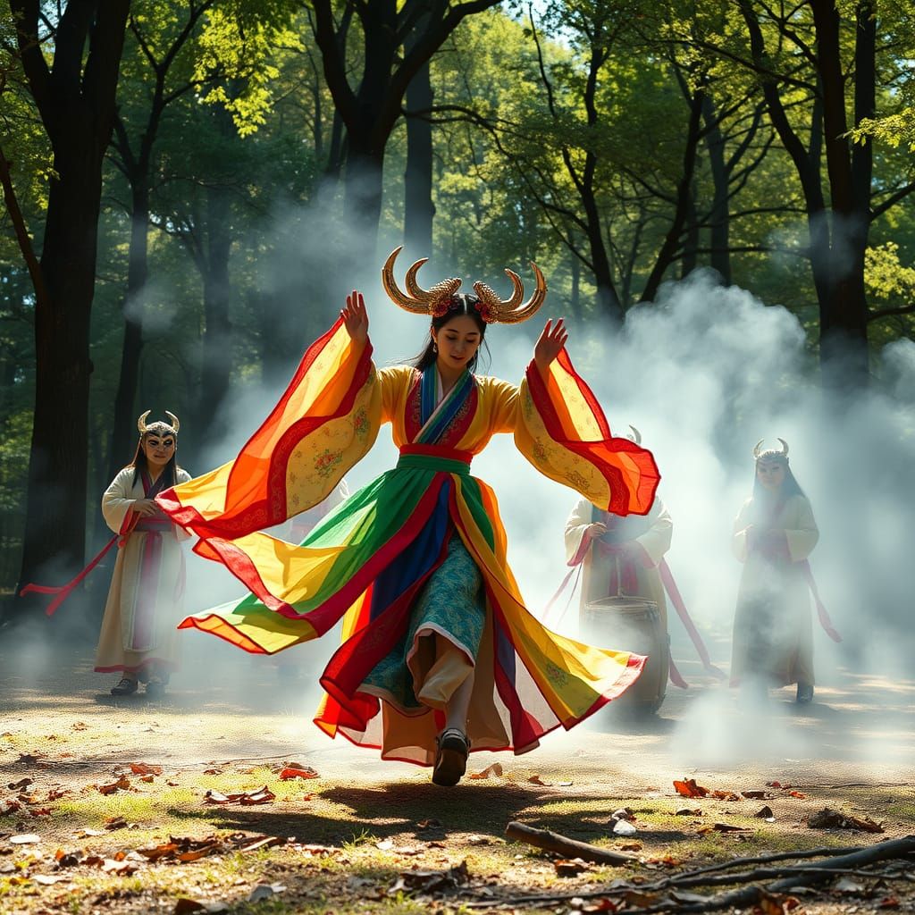 Surreal Korean Shaman Ritual in Sun-Dappled Forest
