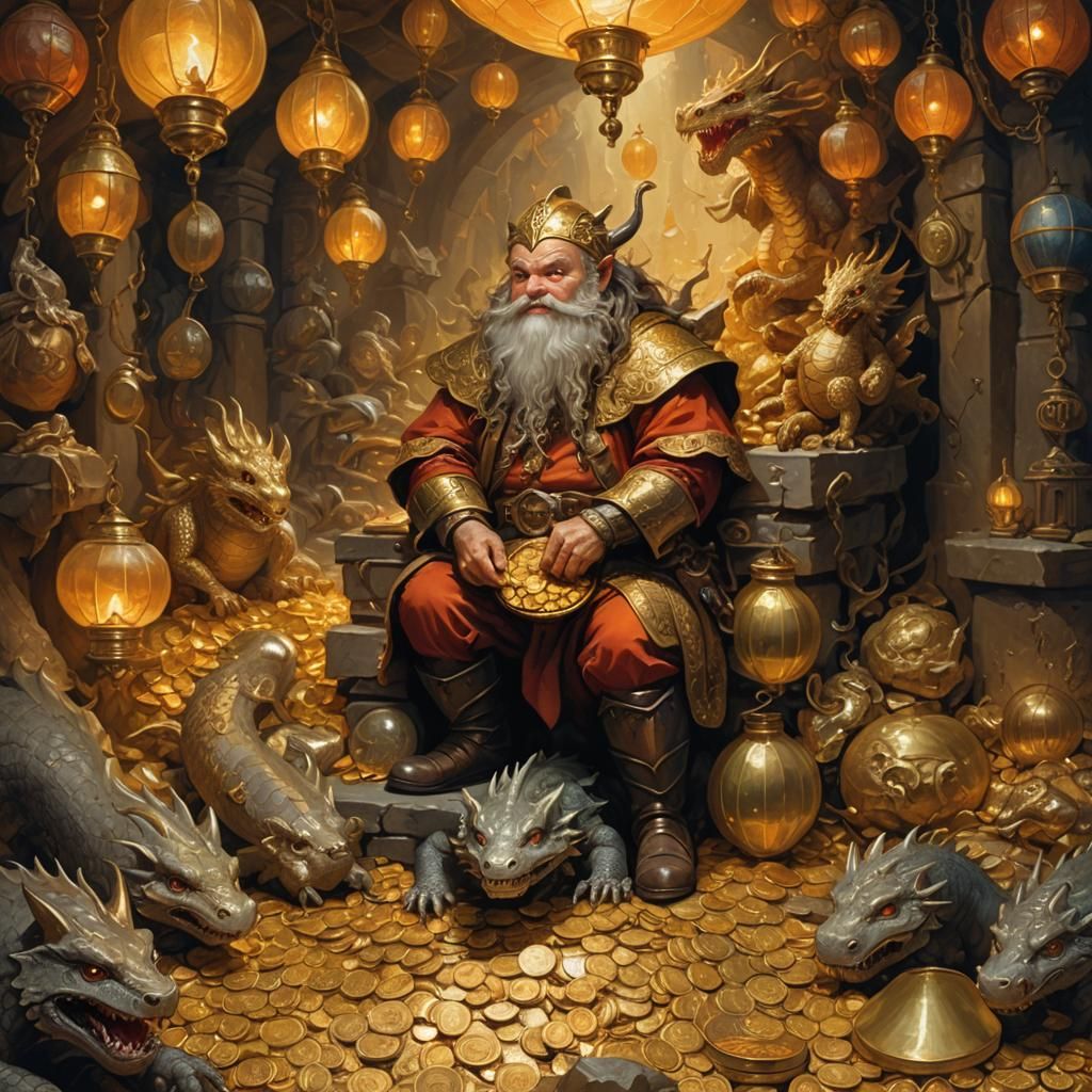 Dwarf and Dragon on Treasure Hoard, Dutch Master Style