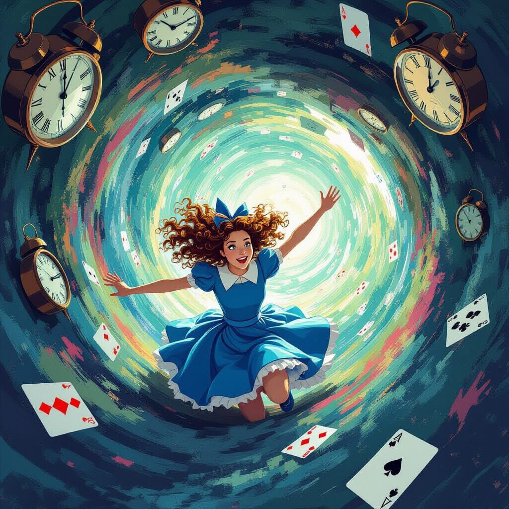 Alice's Descent: A Dreamlike Journey in Bold Colors