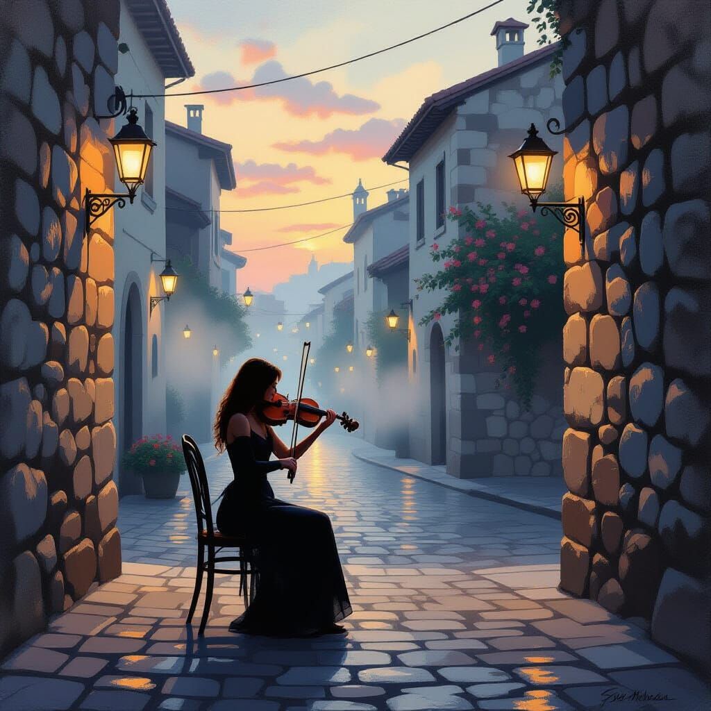 Violinist at Dusk: Sfumato Painting of Urban Crossroads