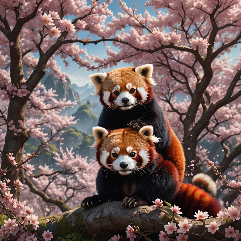 Red Panda in Cherry Blossoms: Fantasy Concept Art