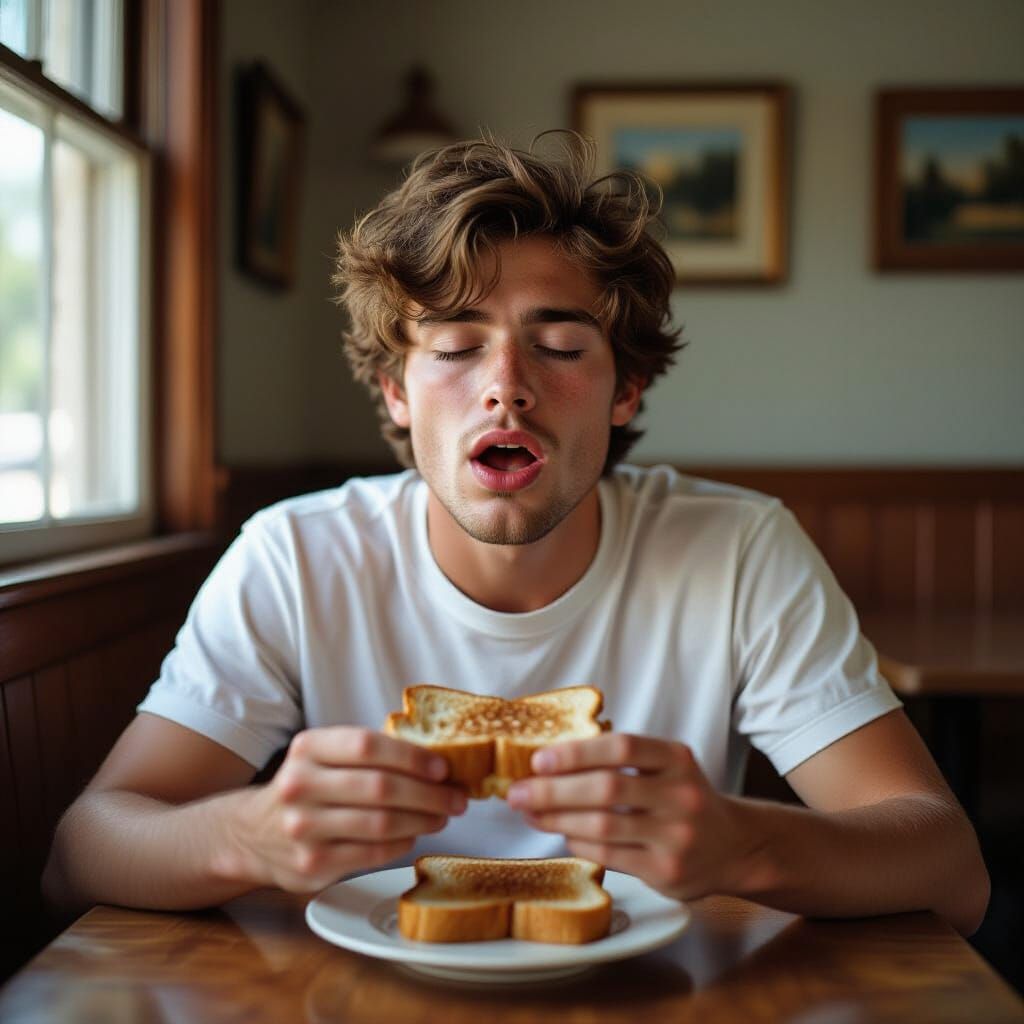 Hyperrealistic Portrait of Young Man Eating Toast