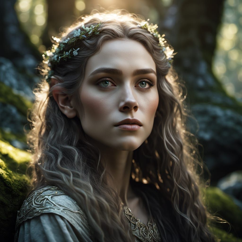 Ethereal Elven Woman in Enchanted Forest at Golden Hour