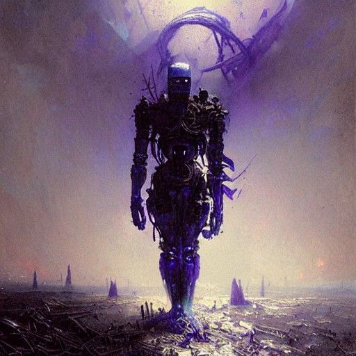 Large Blue and Purple Robot in Horror Style