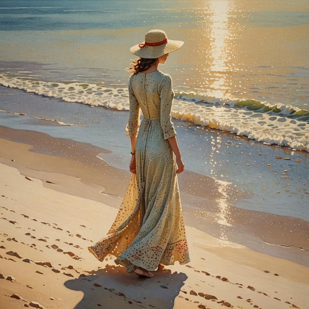 Pointillist Woman Strolling on Beach in Neo-Impressionist St...