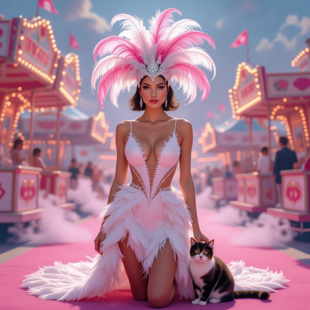 Feathered Woman at Pink Carnival in Fantasy Style